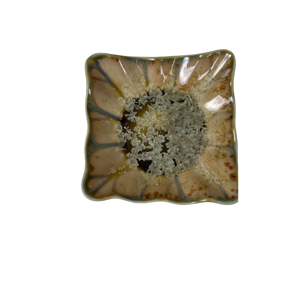 Edgecomb Pottery Square Bowl 6.5in Green Crystalline Glaze Scalloped‎